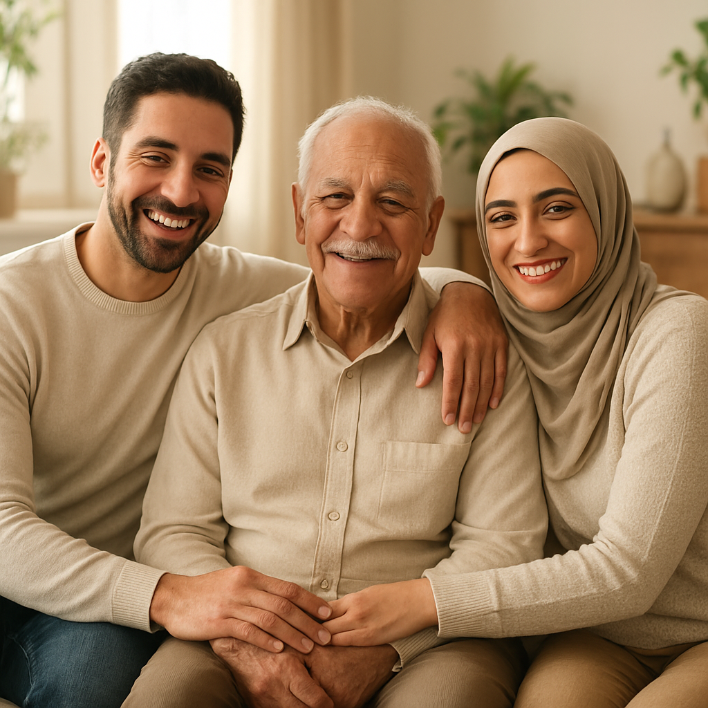 A reassured family sitting with their elderly loved one at home