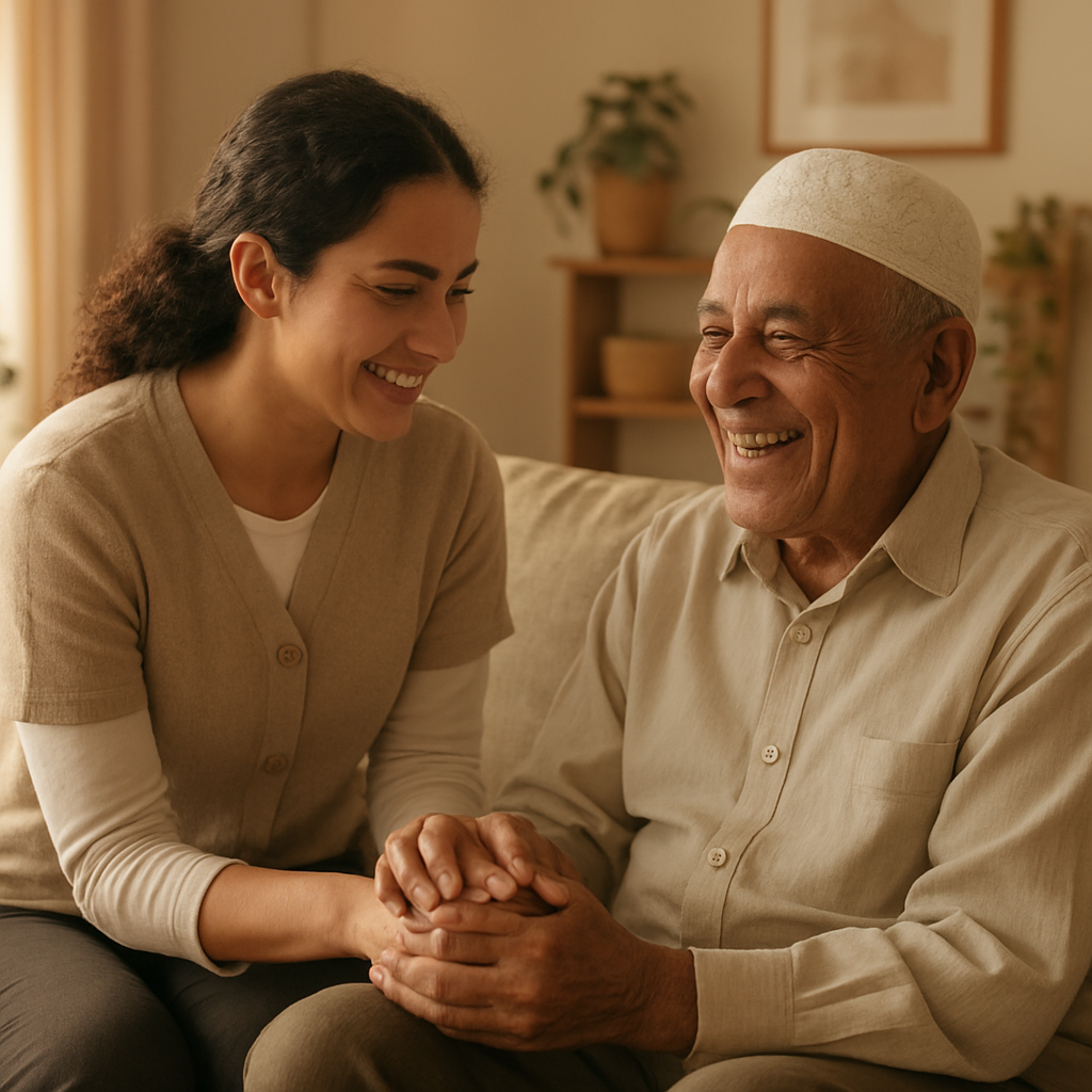 A caregiver gently holding an elderly man's hand at home