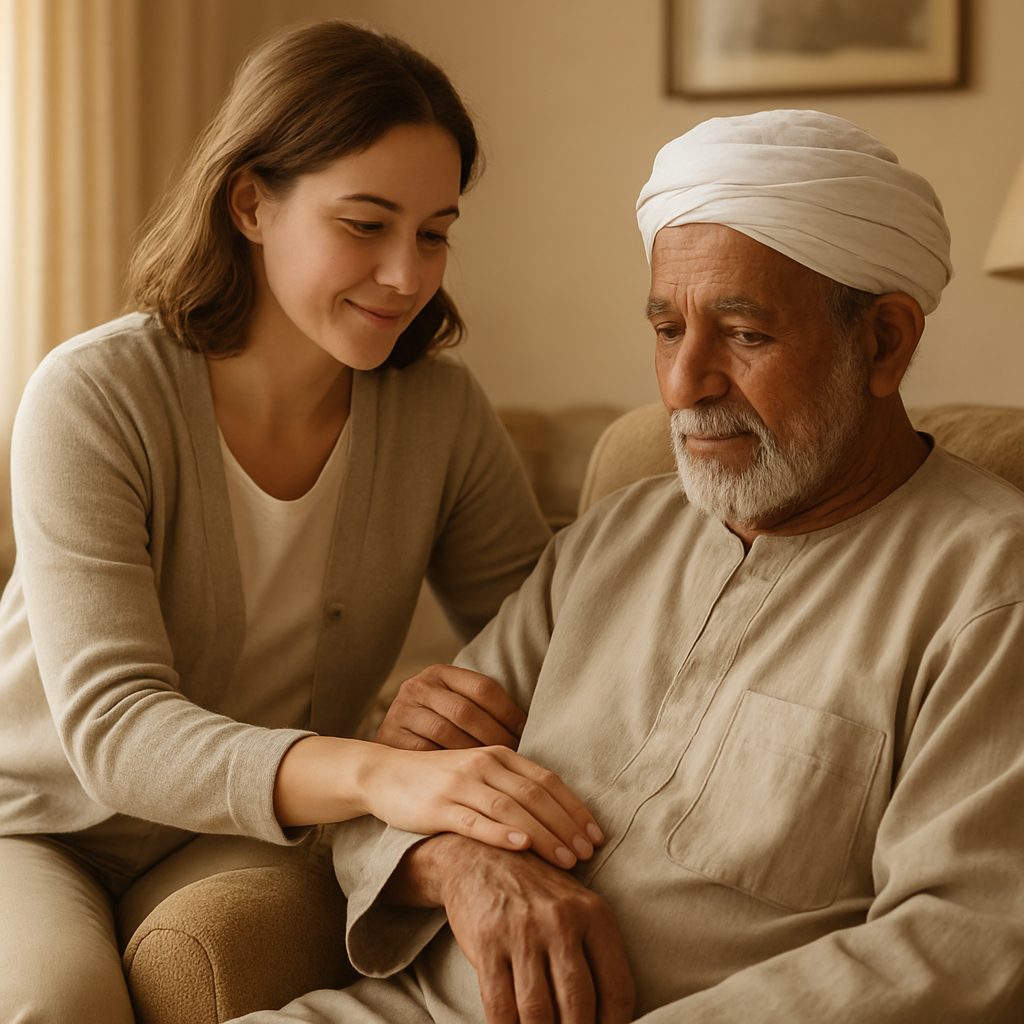 A caregiver attentively checking on an elderly man at home