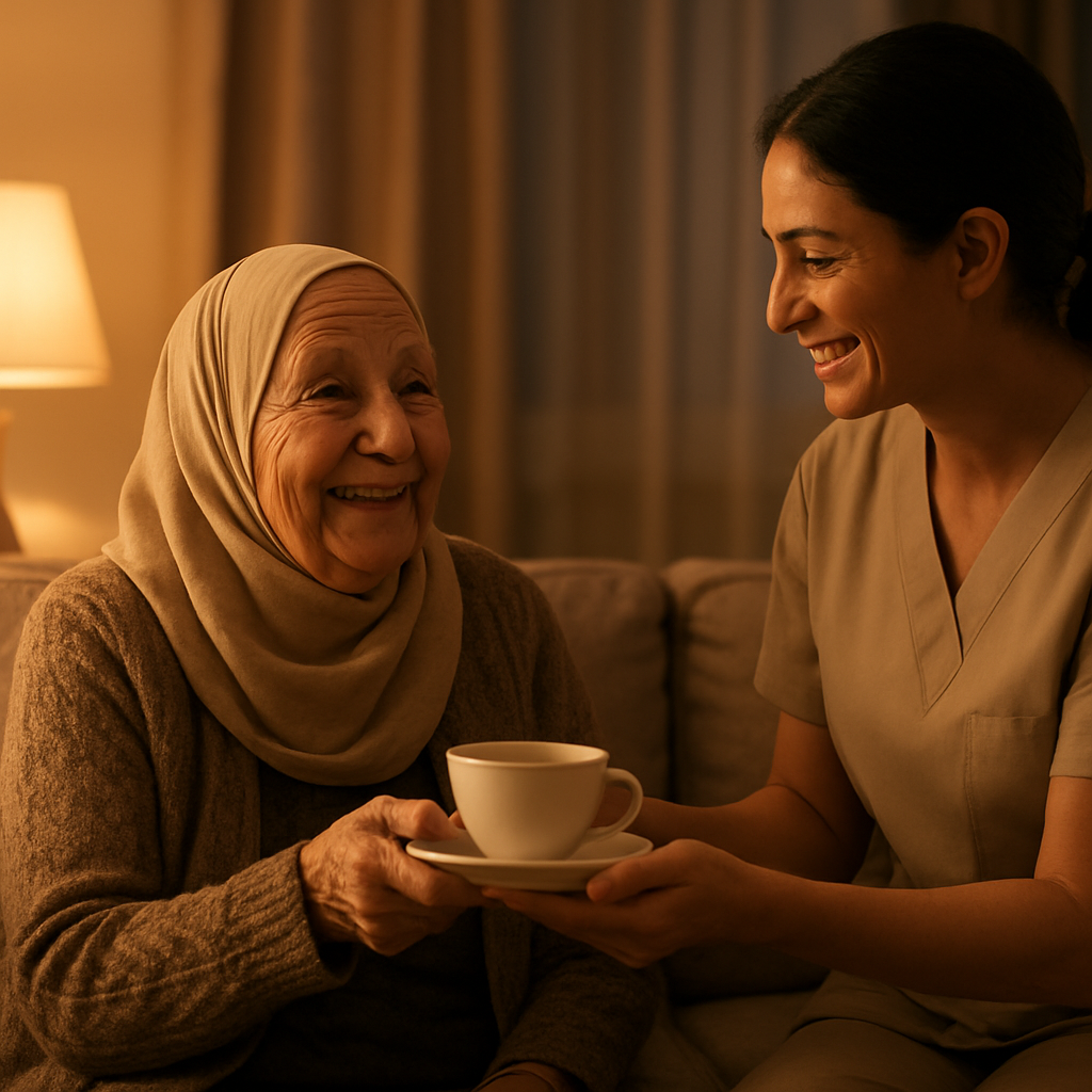 A live-in caregiver caring for an elderly woman at home in the evening